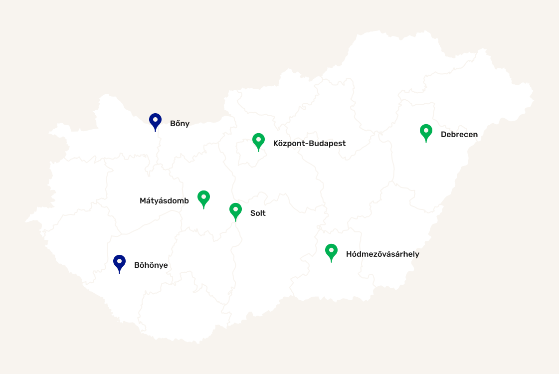 Magyarország térképe az ATEV állati melléktermék-feldolgozó üzemek helyszíneivel. Az öt telephely: Budapest, Debrecen, Hódmezővásárhely, Solt és Mátyásdomb.